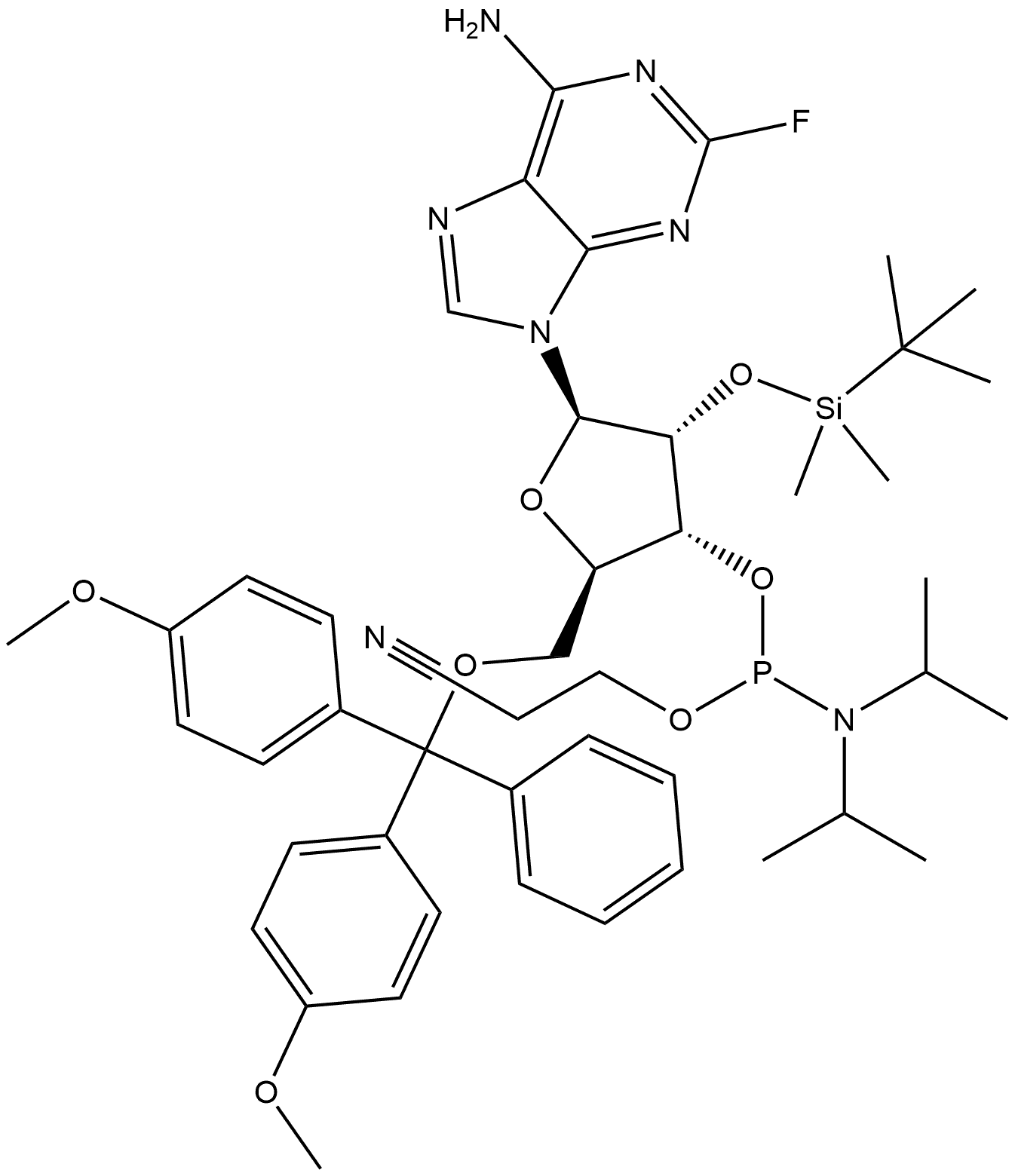 Adenosine, 5′-O-[bis(4-methoxyphenyl)phenylmethyl]-2′-O-[(1,1-dimethylethyl)dimethylsilyl]-2-fluoro-, 3′-[2-cyanoethyl N,N-bis(1-methylethyl)phosphoramidite] 구조식 이미지