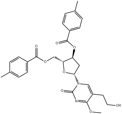 Uridine, 2'-deoxy-5-(2-hydroxyethyl)-4-O-methyl-, 3',5'-bis(4-methylbenzoate) (9CI) Structure