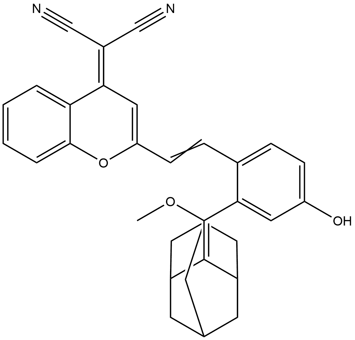 2-(2-(2-(Adamantan-2-ylidene(methoxy)methyl)-4-hydroxystyryl)-4H-chromen-4-ylidene)malononitrile Structure