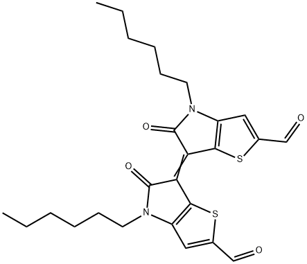 4H-Thieno[3,2-b]pyrrole-2-carboxaldehyde, 6-(2-formyl-4-hexyl-4,5-dihydro-5-oxo-6H-thieno[3,2-b]pyrrol-6-ylidene)-4-hexyl-5,6-dihydro-5-oxo- Structure