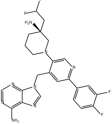 (S)-9-((5-(3-amino-3-(2,2-difluoroethyl)piperidin-1-yl)-2-(3,4-difluorophenyl)pyridin-4-yl)methyl)-9H-purin-6-amine Structure