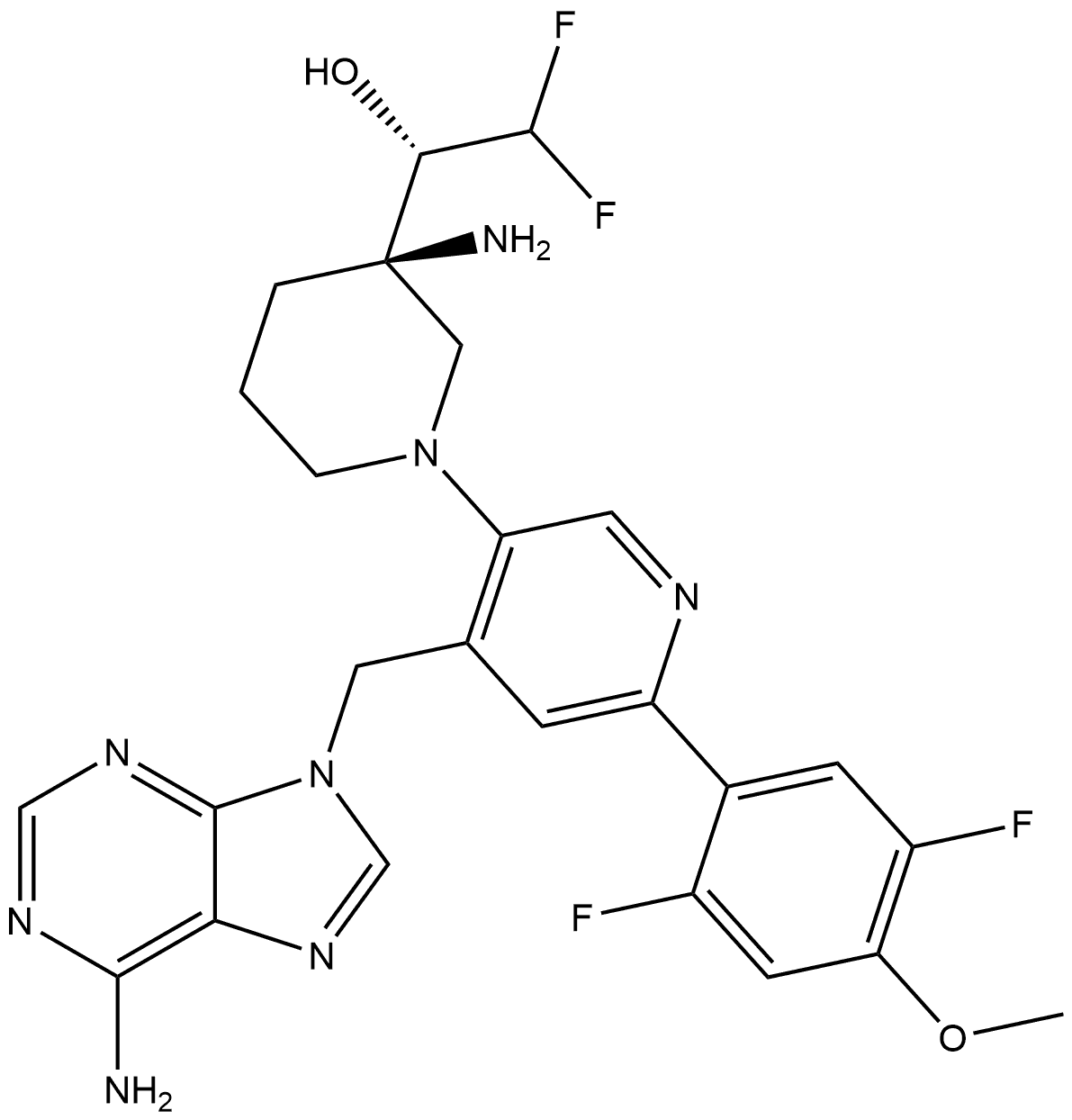 (S)-9-((5-(3-amino-3-(2,2-difluoroethyl)piperidin-1-yl)-2-(3,4-difluorophenyl)pyridin-4-yl)methyl)-9H-purin-6-amine Structure