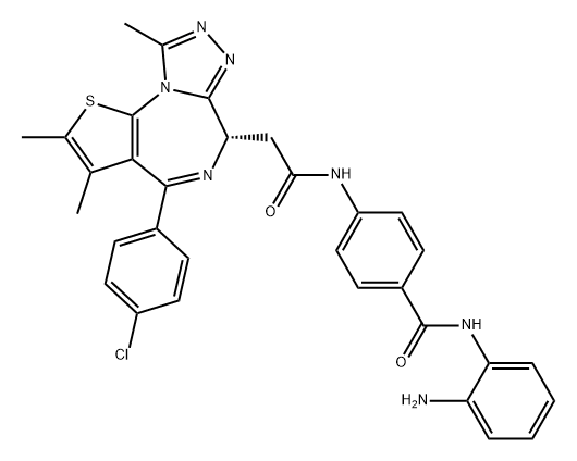 6H-Thieno[3,2-f][1,2,4]triazolo[4,3-a][1,4]diazepine-6-acetamide, N-[4-[[(2-aminophenyl)amino]carbonyl]phenyl]-4-(4-chlorophenyl)-2,3,9-trimethyl-, (6S)- Structure