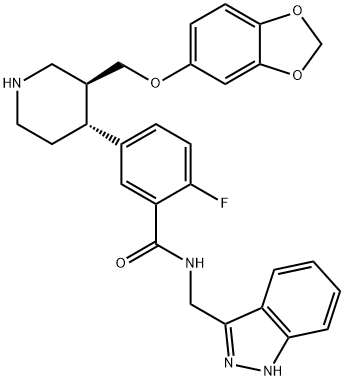 Benzamide, 5-[(3S,4R)-3-[(1,3-benzodioxol-5-yloxy)methyl]-4-piperidinyl]-2-fluoro-N-(1H-indazol-3-ylmethyl)- 구조식 이미지