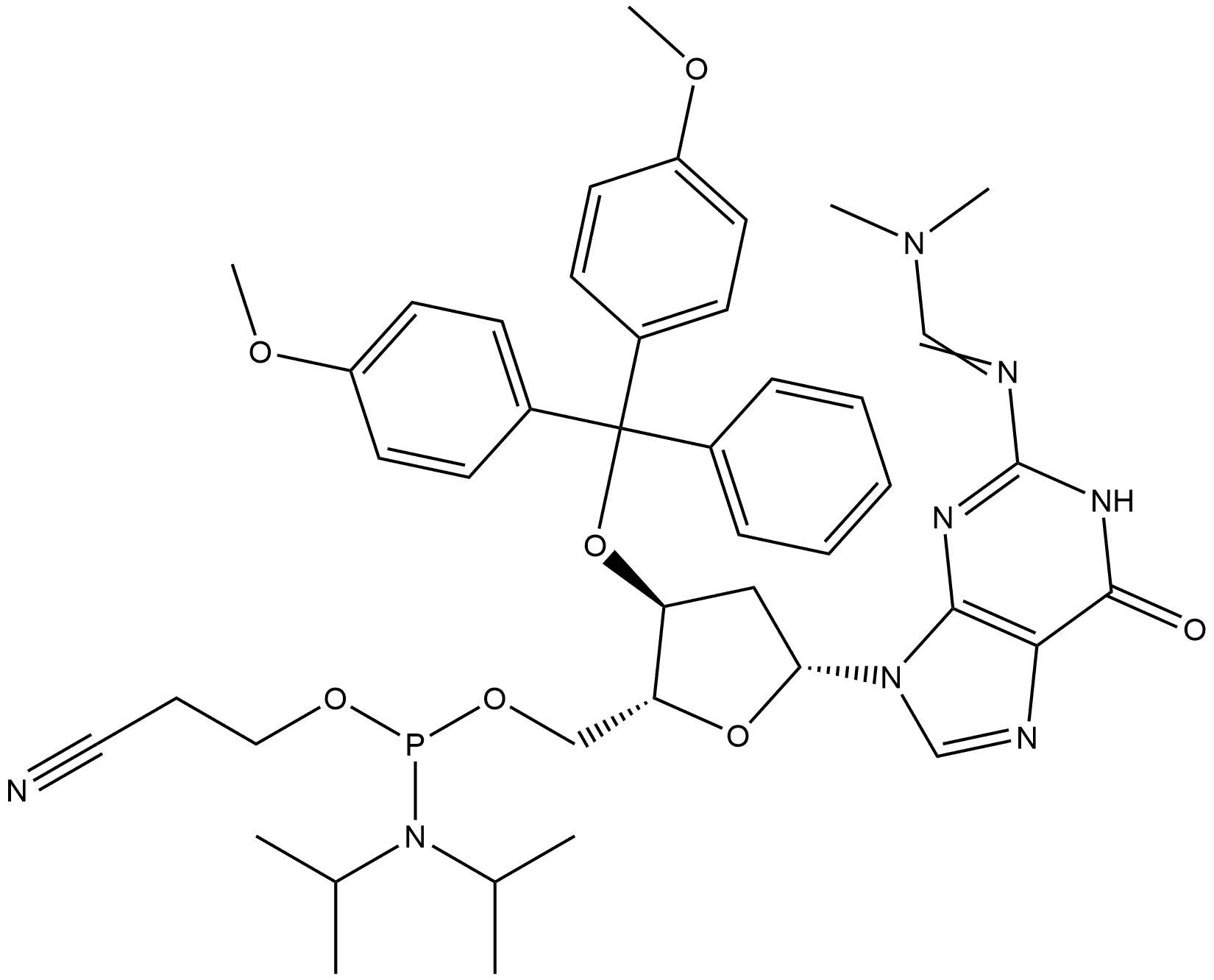 Guanosine, 3'-O-[bis(4-methoxyphenyl)phenylmethyl]-2'-deoxy-N-[(dimethylamino)methylene]-, 5'-[2-cyanoethyl bis(1-methylethyl)phosphoramidite] (9CI) Structure