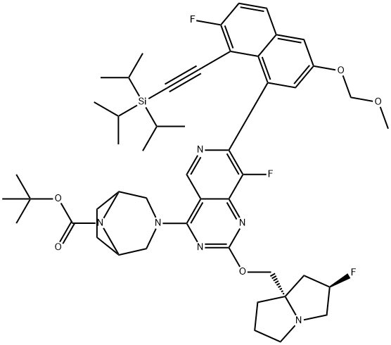 3,8-Diazabicyclo[3.2.1]octane-8-carboxylic acid, 3-[8-fluoro-7-[7-fluoro-3-(methoxymethoxy)-8-[2-[tris(1-methylethyl)silyl]ethynyl]-1-naphthalenyl]-2-[[(2R,7aS)-2-fluorotetrahydro-1H-pyrrolizin-7a(5H)-yl]methoxy]pyrido[4,3-d]pyrimidin-4-yl]-, 1,1-dimethylethyl ester 구조식 이미지