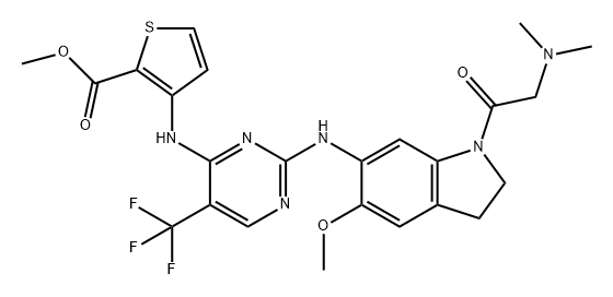 2-Thiophenecarboxylic acid, 3-[[2-[[1-[2-(dimethylamino)acetyl]-2,3-dihydro-5-methoxy-1H-indol-6-yl]amino]-5-(trifluoromethyl)-4-pyrimidinyl]amino]-, methyl ester Structure