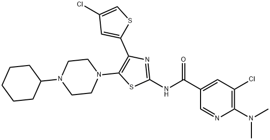 3-Pyridinecarboxamide, 5-chloro-N-[4-(4-chloro-2-thienyl)-5-(4-cyclohexyl-1-piperazinyl)-2-thiazolyl]-6-(dimethylamino)- Structure