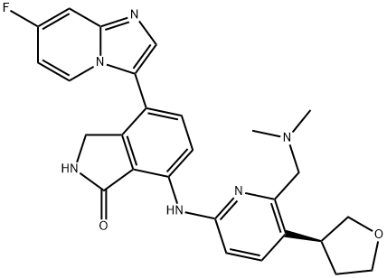 1H-Isoindol-1-one, 7-[[6-[(dimethylamino)methyl]-5-[(3S)-tetrahydro-3-furanyl]-2-pyridinyl]amino]-4-(7-fluoroimidazo[1,2-a]pyridin-3-yl)-2,3-dihydro- Structure