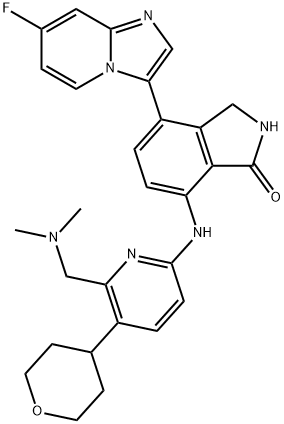 7-[[6-[(Dimethylamino)methyl]-5-(tetrahydro-2H-pyran-4-yl)-2-pyridinyl]amino]-4-(7-fluoroimidazo[1,2-a]pyridin-3-yl)-2,3-dihydro-1H-isoindol-1-one Structure