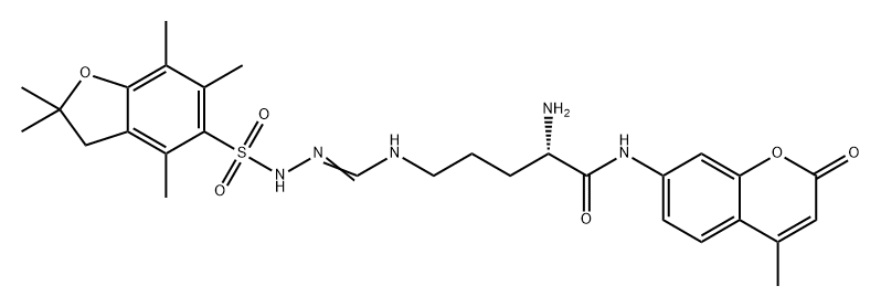 Pentanamide, 2-amino-5-[[[[(2,3-dihydro-2,2,4,6,7-pentamethyl-5-benzofuranyl)sulfonyl]amino]iminomethyl]amino]-N-(4-methyl-2-oxo-2H-1-benzopyran-7-yl)-, (2S)- Structure