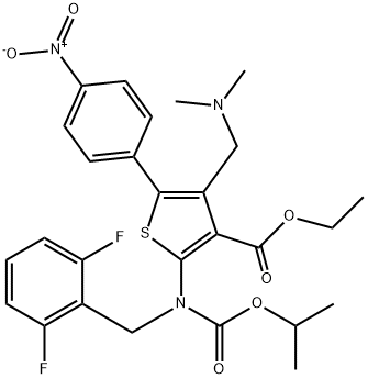 3-Thiophenecarboxylic acid, 2-[[(2,6-difluorophenyl)methyl][(1-methylethoxy)carbonyl]amino]-4-[(dimethylamino)methyl]-5-(4-nitrophenyl)-, ethyl ester Structure