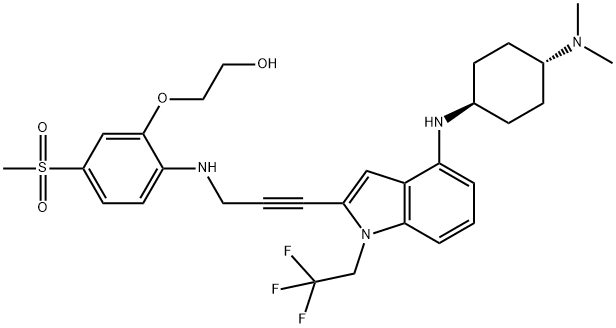 Ethanol, 2-[2-[[3-[4-[[trans-4-(dimethylamino)cyclohexyl]amino]-1-(2,2,2-trifluoroethyl)-1H-indol-2-yl]-2-propyn-1-yl]amino]-5-(methylsulfonyl)phenoxy]- Structure