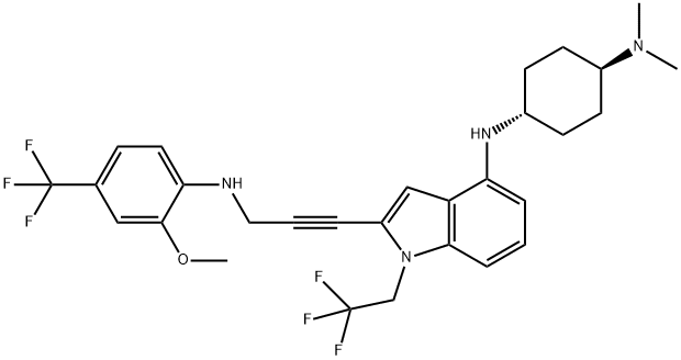 1,4-Cyclohexanediamine, N4-[2-[3-[[2-methoxy-4-(trifluoromethyl)phenyl]amino]-1-propyn-1-yl]-1-(2,2,2-trifluoroethyl)-1H-indol-4-yl]-N1,N1-dimethyl-, trans- Structure