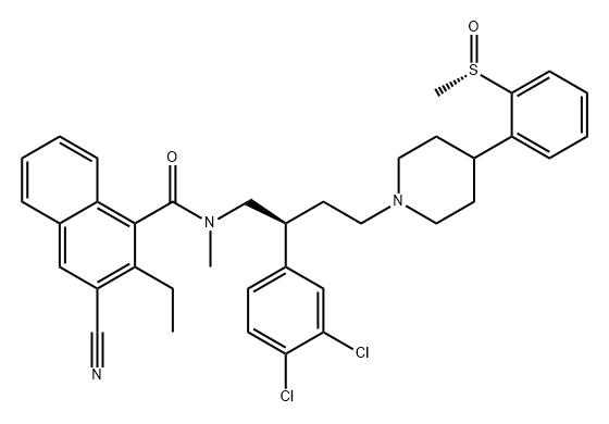 1-Naphthalenecarboxamide, 3-cyano-N-[(2S)-2-(3,4-dichlorophenyl)-4-[4-[2-[(S)-methylsulfinyl]phenyl]-1-piperidinyl]butyl]-2-ethyl-N-methyl- 구조식 이미지