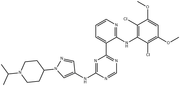 1,3,5-Triazin-2-amine, 4-[2-[(2,6-dichloro-3,5-dimethoxyphenyl)amino]-3-pyridinyl]-N-[1-[1-(1-methylethyl)-4-piperidinyl]-1H-pyrazol-4-yl]- Structure