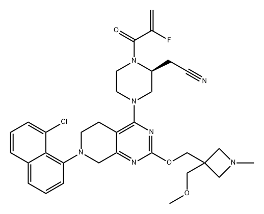 2-Piperazineacetonitrile, 4-[7-(8-chloro-1-naphthalenyl)-5,6,7,8-tetrahydro-2-[[3-(methoxymethyl)-1-methyl-3-azetidinyl]methoxy]pyrido[3,4-d]pyrimidin-4-yl]-1-(2-fluoro-1-oxo-2-propen-1-yl)-, (2S)- Structure