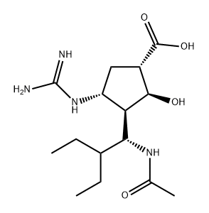 Cyclopentanecarboxylic acid, 3-[(1R)-1-(acetylamino)-2-ethylbutyl]-4-[(aminoiminomethyl)amino]-2-hydroxy-, (1S,2S,3R,4R)- Structure