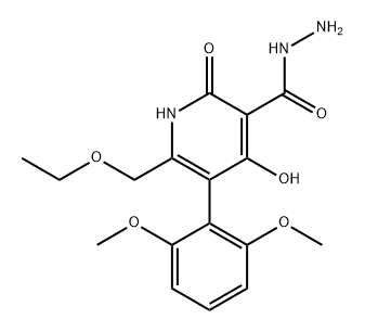 3-Pyridinecarboxylic acid, 5-(2,6-dimethoxyphenyl)-6-(ethoxymethyl)-1,2-dihydro-4-hydroxy-2-oxo-, hydrazide 구조식 이미지