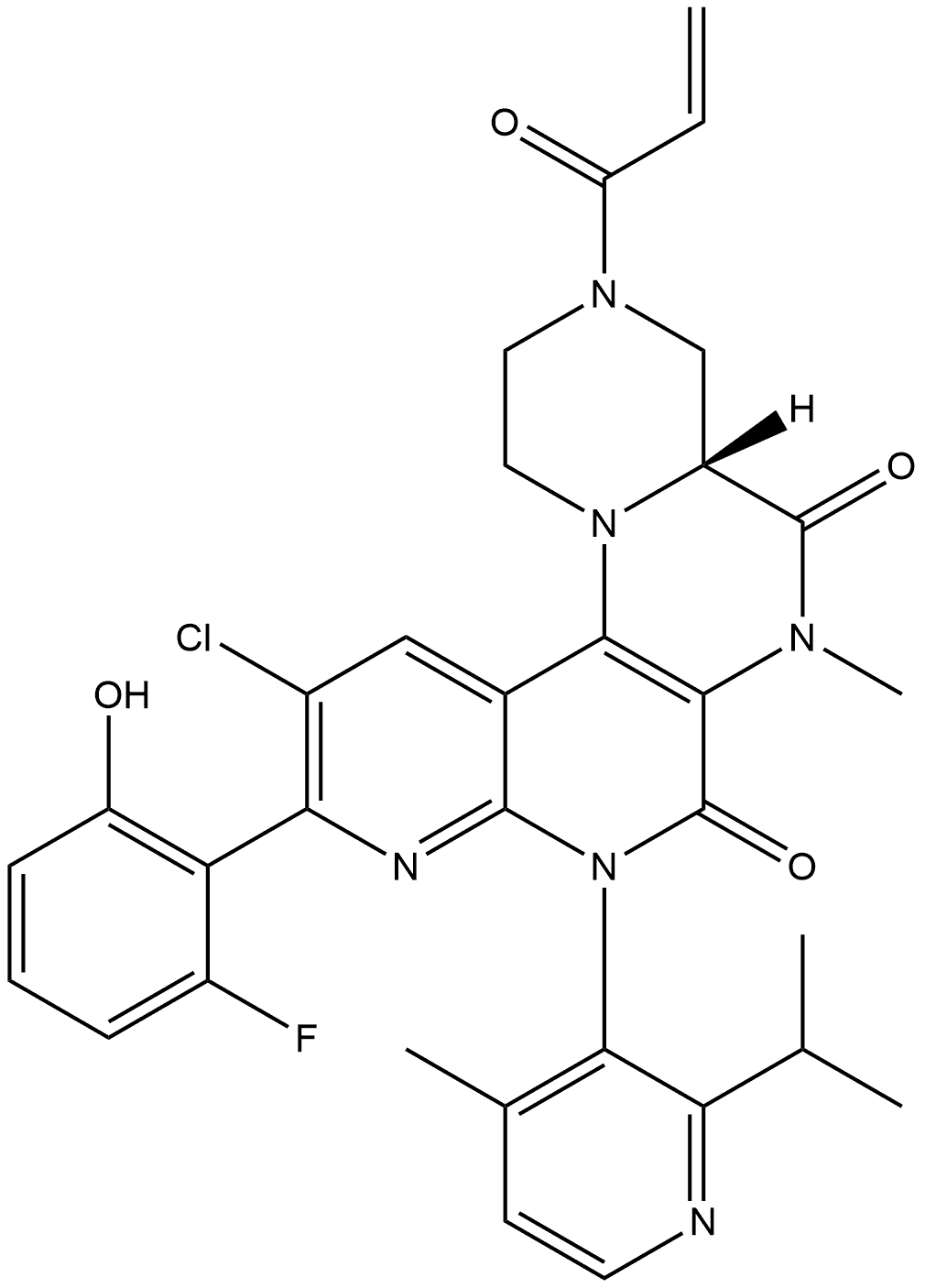 1H-Pyrazino[1',2':4,5]pyrazino[2,3-c][1,8]naphthyridine-5,7-dione, 11-chloro-10-(2-fluoro-6-hydroxyphenyl)-2,3,4,4a,6,8-hexahydro-6-methyl-8-[4-methyl-2-(1-methylethyl)-3-pyridinyl]-3-(1-oxo-2-propen-1-yl)-, (4aR,8R)- Structure