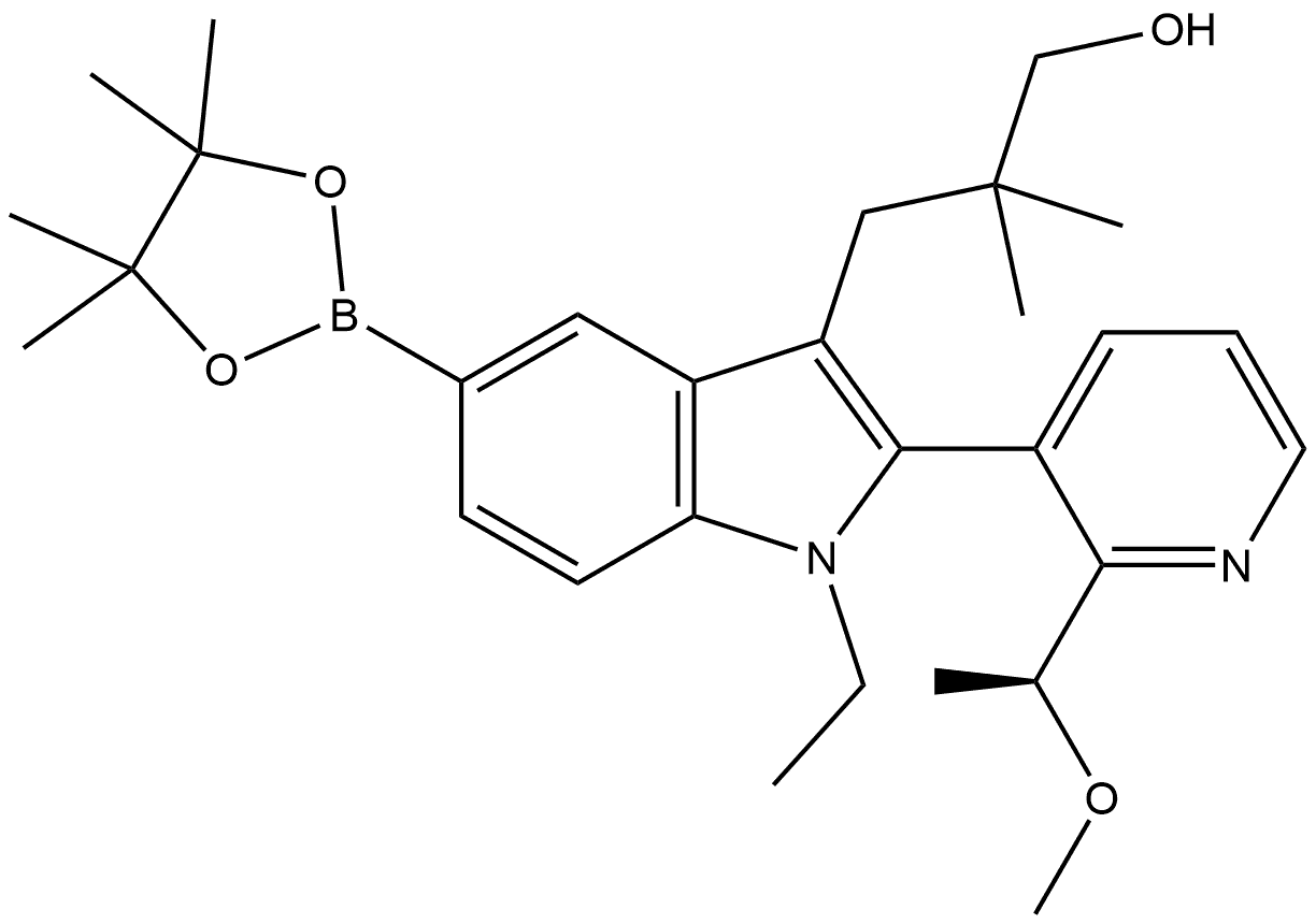 1-Ethyl-2-[2-[(1S)-1-methoxyethyl]-3-pyridinyl]-β,β-dimethyl-5-(4,4,5,5-tetramethyl-1,3,2-dioxaborolan-2-yl)-1H-indole-3-propanol 구조식 이미지