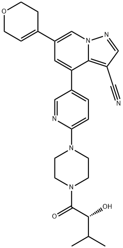 Pyrazolo[1,5-a]pyridine-3-carbonitrile, 6-(3,6-dihydro-2H-pyran-4-yl)-4-[6-[4-[(2R)-2-hydroxy-3-methyl-1-oxobutyl]-1-piperazinyl]-3-pyridinyl]- Structure