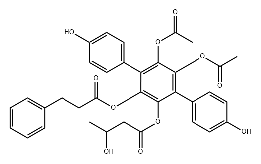 Benzenepropanoic acid, 5',6'-bis(acetyloxy)-4,4''-dihydroxy-3'-(3-hydroxy-1-oxobutoxy)[1,1':4',1''-terphenyl]-2'-yl ester (9CI) 구조식 이미지