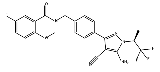 Benzamide, N-[[4-[5-amino-4-cyano-1-[(1S)-2,2,2-trifluoro-1-methylethyl]-1H-pyrazol-3-yl]phenyl]methyl]-5-fluoro-2-methoxy- 구조식 이미지