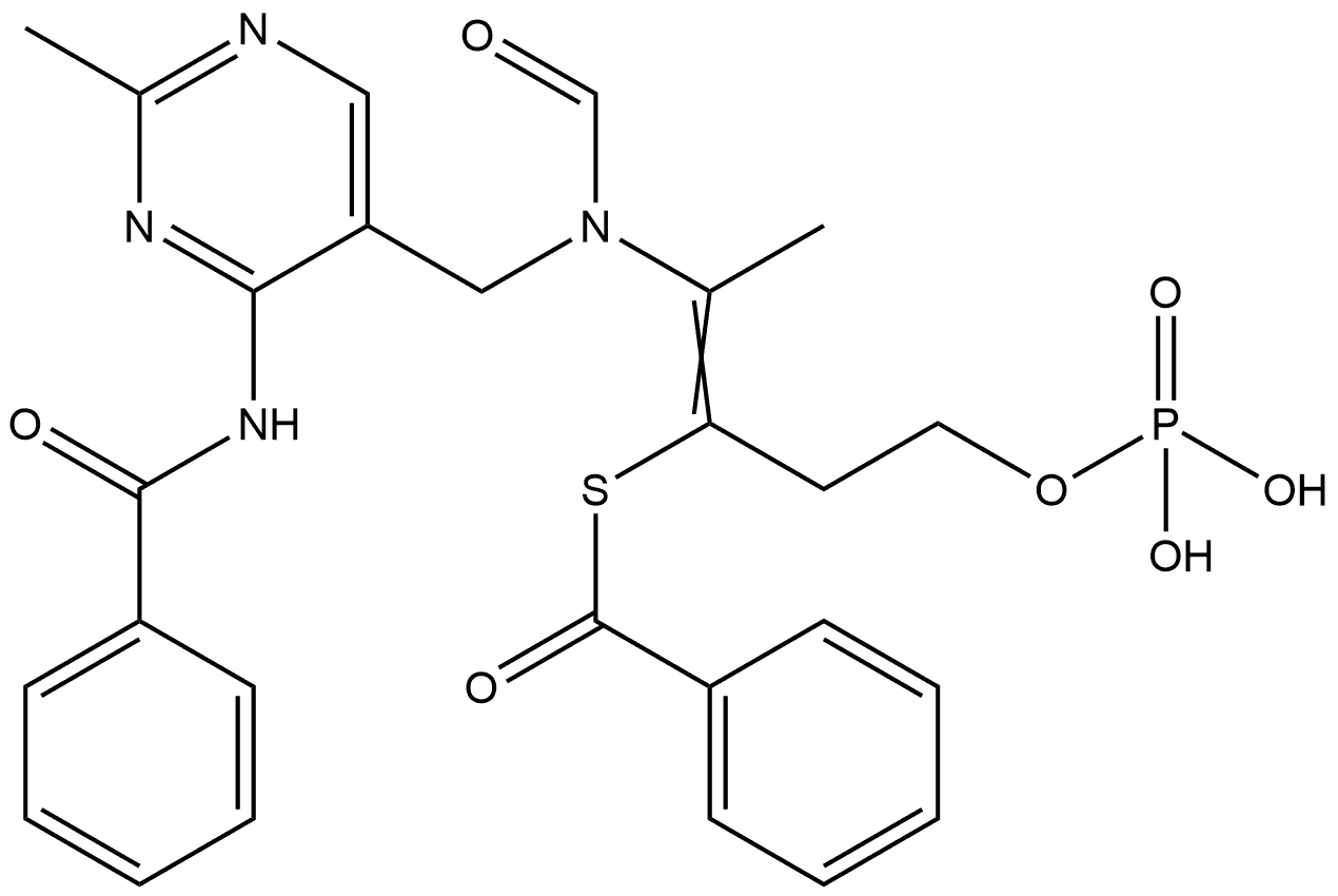 Benzenecarbothioic acid, S-[2-[[[4-(benzoylamino)-2-methyl-5-pyrimidinyl]methyl]formylamino]-1-[2-(phosphonooxy)ethyl]-1-propen-1-yl] ester Structure