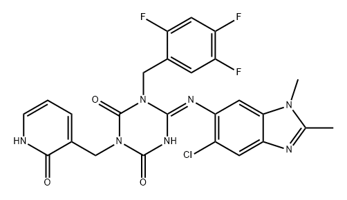 1,3,5-Triazine-2,4(1H,3H)-dione, 6-[(5-chloro-1,2-dimethyl-1H-benzimidazol-6-yl)imino]-3-[(1,2-dihydro-2-oxo-3-pyridinyl)methyl]dihydro-1-[(2,4,5-trifluorophenyl)methyl]-, (6E)- Structure