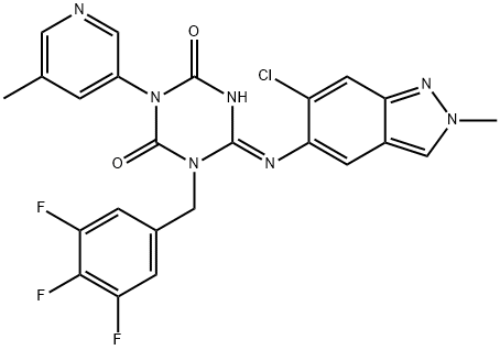 1,3,5-Triazine-2,4(1H,3H)-dione, 6-[(6-chloro-2-methyl-2H-indazol-5-yl)imino]dihydro-3-(5-methyl-3-pyridinyl)-1-[(3,4,5-trifluorophenyl)methyl]-, (6E)- 구조식 이미지