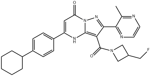 Pyrazolo[1,5-a]pyrimidin-7(4H)-one, 5-(4-cyclohexylphenyl)-3-[[3-(fluoromethyl)-1-azetidinyl]carbonyl]-2-(3-methyl-2-pyrazinyl)- Structure