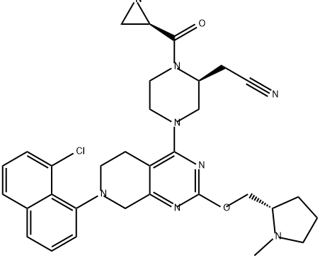 2-Piperazineacetonitrile, 1-[(2R)-2-aziridinylcarbonyl]-4-[7-(8-chloro-1-naphthalenyl)-5,6,7,8-tetrahydro-2-[[(2S)-1-methyl-2-pyrrolidinyl]methoxy]pyrido[3,4-d]pyrimidin-4-yl]-, (2S)- 구조식 이미지