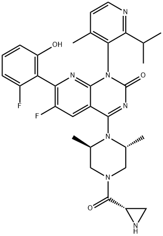 Pyrido[2,3-d]pyrimidin-2(1H)-one, 4-[(2R,6R)-4-[(2S)-2-aziridinylcarbonyl]-2,6-dimethyl-1-piperazinyl]-6-fluoro-7-(2-fluoro-6-hydroxyphenyl)-1-[4-methyl-2-(1-methylethyl)-3-pyridinyl]- 구조식 이미지