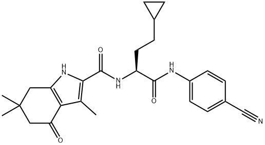 1H-Indole-2-carboxamide, N-[(1S)-1-[[(4-cyanophenyl)amino]carbonyl]-3-cyclopropylpropyl]-4,5,6,7-tetrahydro-3,6,6-trimethyl-4-oxo- 구조식 이미지