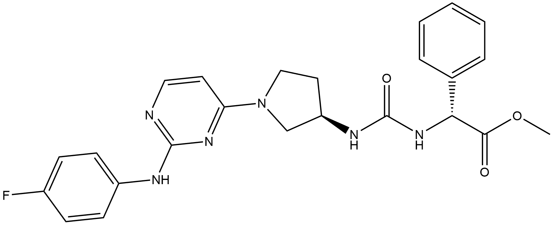 methyl (2R)-2-({[(3R)-1-{2-[(4-fluorophenyl)amino]pyrimidin-4-yl}pyrrolidin-3-yl]carbamoyl}amino)-2-phenylacetate Structure