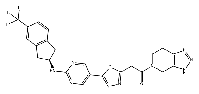 Ethanone, 2-[5-[2-[[(2R)-2,3-dihydro-5-(trifluoromethyl)-1H-inden-2-yl]amino]-5-pyrimidinyl]-1,3,4-oxadiazol-2-yl]-1-(3,4,6,7-tetrahydro-5H-1,2,3-triazolo[4,5-c]pyridin-5-yl)- Structure