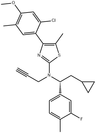 2-Thiazolamine, 4-(2-chloro-4-methoxy-5-methylphenyl)-N-[(1R)-2-cyclopropyl-1-(3-fluoro-4-methylphenyl)ethyl]-5-methyl-N-2-propyn-1-yl- Structure