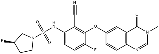 1-Pyrrolidinesulfonamide, N-[2-cyano-3-[(3,4-dihydro-3-methyl-4-oxo-6-quinazolinyl)oxy]-4-fluorophenyl]-3-fluoro-, (3R)- Structure