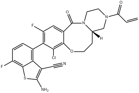 Benzo[b]thiophene-3-carbonitrile, 2-amino-4-[(4aS)-8-chloro-10-fluoro-2,3,4,4a,5,6-hexahydro-12-oxo-3-(1-oxo-2-propen-1-yl)-1H,12H-pyrazino[2,1-d][1,5]benzoxazocin-9-yl]-7-fluoro- Structure