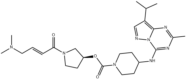 1-Piperidinecarboxylic acid, 4-[[2-methyl-8-(1-methylethyl)pyrazolo[1,5-a]-1,3,5-triazin-4-yl]amino]-, (3S)-1-[(2E)-4-(dimethylamino)-1-oxo-2-buten-1-yl]-3-pyrrolidinyl ester Structure