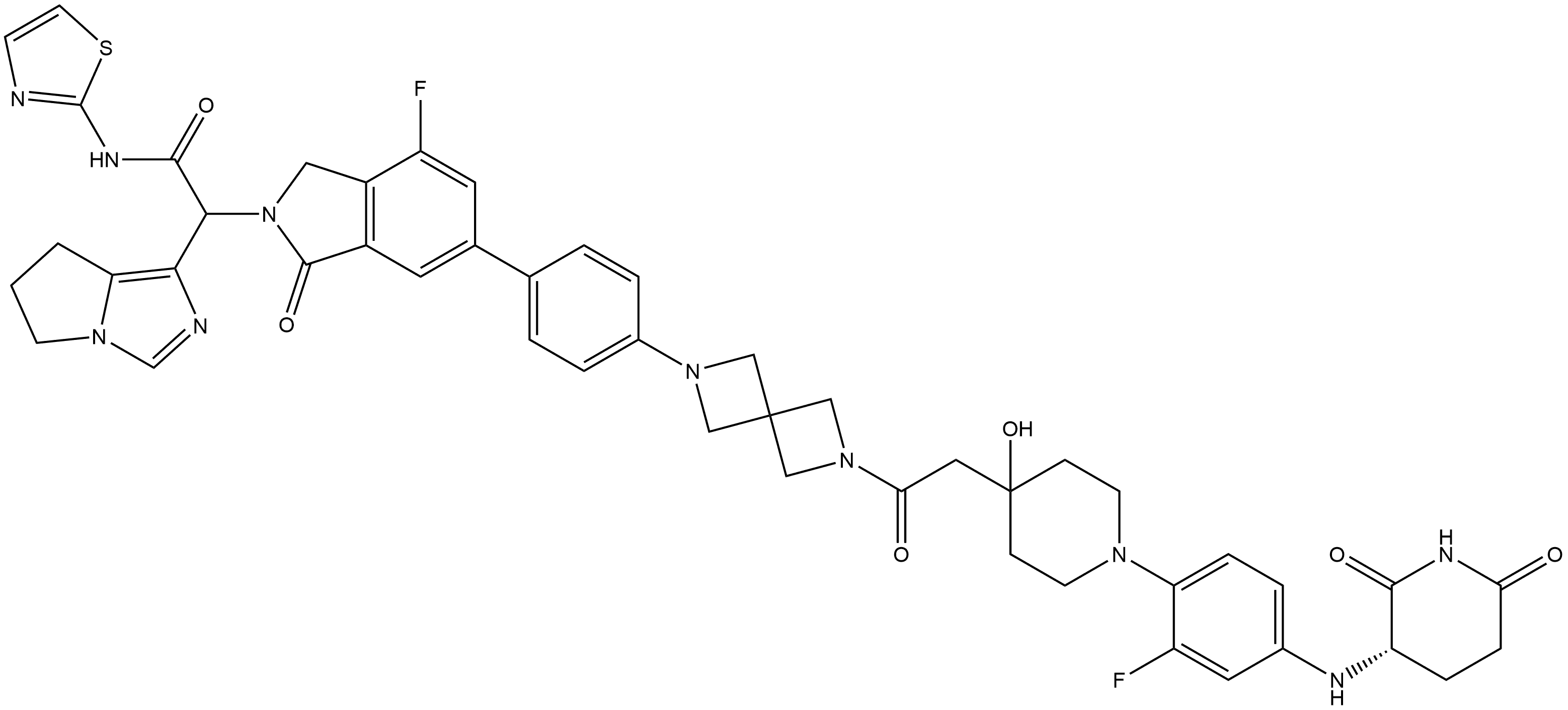 2H-Isoindole-2-acetamide, α-(6,7-dihydro-5H-pyrrolo[1,2-c]imidazol-1-yl)-6-[4-[6-[2-[1-[4-[[(3S)-2,6-dioxo-3-piperidinyl]amino]-2-fluorophenyl]-4-hydroxy-4-piperidinyl]acetyl]-2,6-diazaspiro[3.3]hept-2-yl]phenyl]-4-fluoro-1,3-dihydro-1-oxo-N-2-thiazolyl- 구조식 이미지