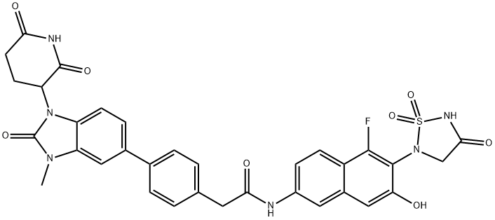 Benzeneacetamide, N-[6-(1,1-dioxido-4-oxo-1,2,5-thiadiazolidin-2-yl)-5-fluoro-7-hydroxy-2-naphthalenyl]-4-[1-(2,6-dioxo-3-piperidinyl)-2,3-dihydro-3-methyl-2-oxo-1H-benzimidazol-5-yl]- Structure