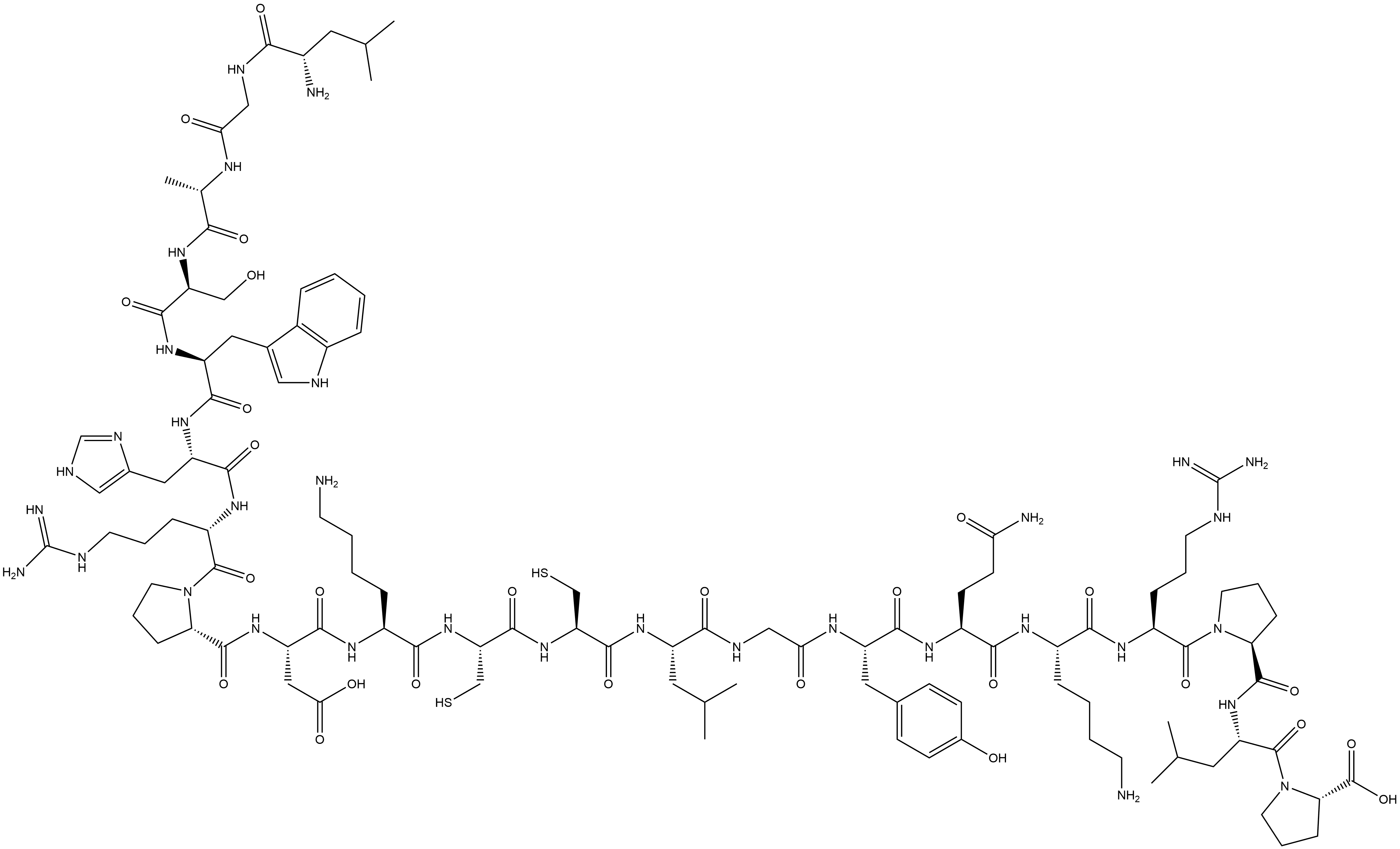 L-Leucylglycyl-L-alanyl-L-seryl-L-tryptophyl-L-histidyl-L-arginyl-L-prolyl-L-α-aspartyl-L-lysyl-L-cysteinyl-L-cysteinyl-L-leucylglycyl-L-tyrosyl-L-glutaminyl-L-lysyl-L-arginyl-L-prolyl-L-leucyl-L-proline Structure