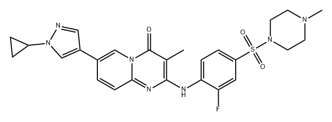 4H-Pyrido[1,2-a]pyrimidin-4-one, 7-(1-cyclopropyl-1H-pyrazol-4-yl)-2-[[2-fluoro-4-[(4-methyl-1-piperazinyl)sulfonyl]phenyl]amino]-3-methyl- Structure