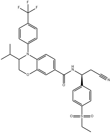 2H-1,4-Benzoxazine-7-carboxamide, N-[(1S)-2-cyano-1-[4-(ethylsulfonyl)phenyl]ethyl]-3,4-dihydro-3-(1-methylethyl)-4-[4-(trifluoromethyl)phenyl]- Structure