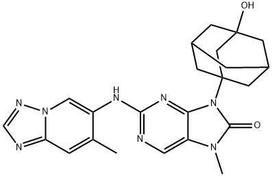 8H-Purin-8-one, 7,9-dihydro-9-(3-hydroxytricyclo[3.3.1.13,7]dec-1-yl)-7-methyl-2-[(7-methyl[1,2,4]triazolo[1,5-a]pyridin-6-yl)amino]- Structure