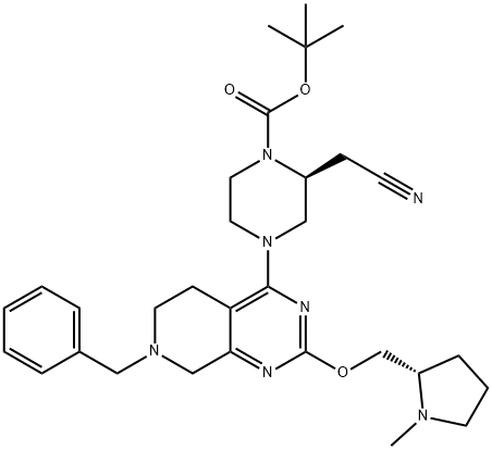 1-Piperazinecarboxylic acid, 2-(cyanomethyl)-4-[5,6,7,8-tetrahydro-2-[[(2S)-1-methyl-2-pyrrolidinyl]methoxy]-7-(phenylmethyl)pyrido[3,4-d]pyrimidin-4-yl]-, 1,1-dimethylethyl ester, (2S)- Structure