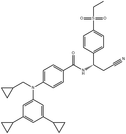 Benzamide, N-[(1S)-2-cyano-1-[4-(ethylsulfonyl)phenyl]ethyl]-4-[(cyclopropylmethyl)(3,5-dicyclopropylphenyl)amino]- Structure