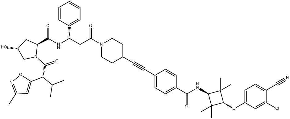 2-Pyrrolidinecarboxamide, N-[(1S)-3-[4-[2-[4-[[[trans-3-(3-chloro-4-cyanophenoxy)-2,2,4,4-tetramethylcyclobutyl]amino]carbonyl]phenyl]ethynyl]-1-piperidinyl]-3-oxo-1-phenylpropyl]-4-hydroxy-1-[(2R)-3-methyl-2-(3-methyl-5-isoxazolyl)-1-oxobutyl]-, (2S,4R)- Structure